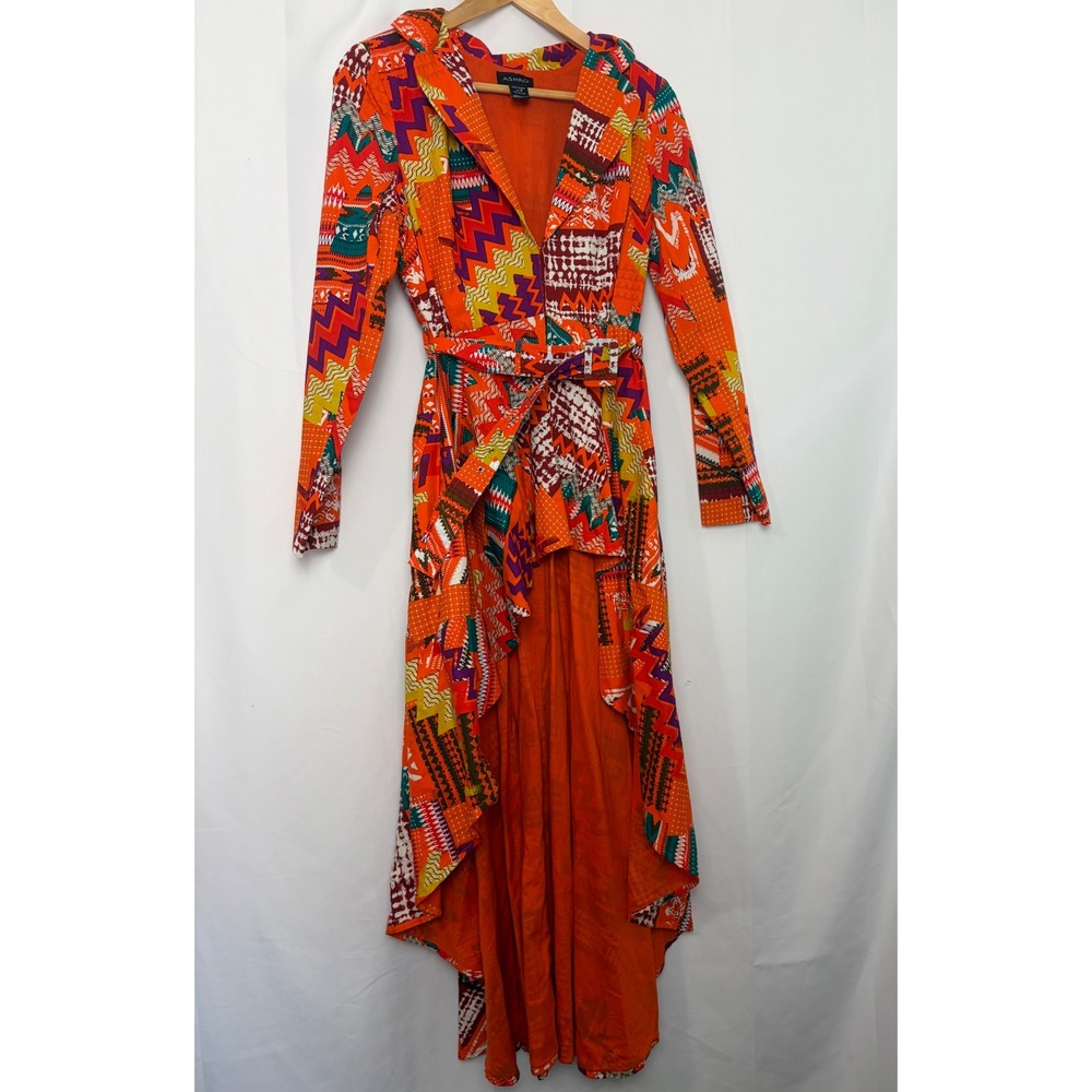 Ashro Women Orange Geometric Tribal Cotton High Low Maxi Jacket Dress Size 6